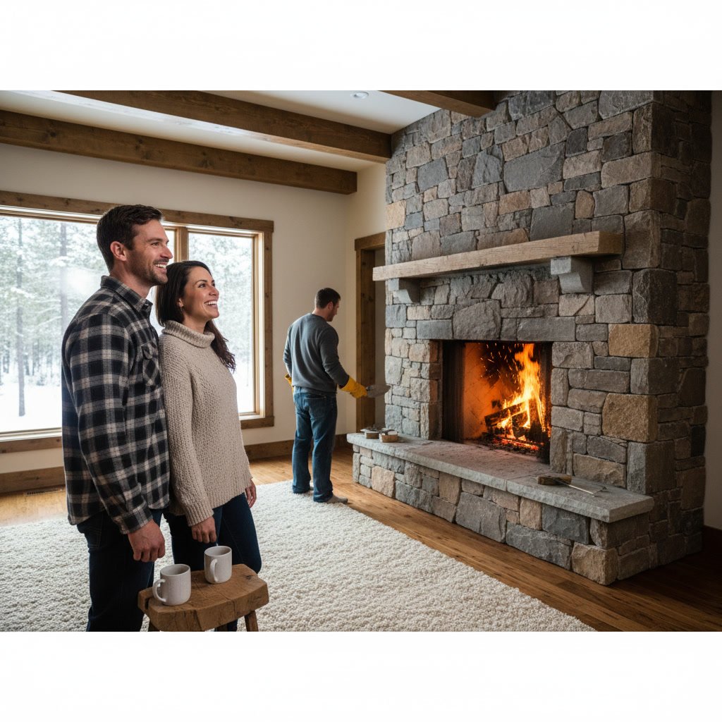 Mason repairing brick fireplace in Palm Beach Gardens home
