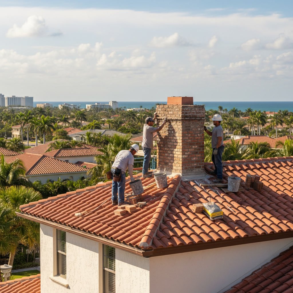 Brick chimney showing mortar damage requiring repair in West Palm Beach