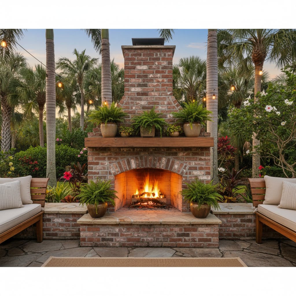 Custom stone outdoor fireplace built into Delray Beach backyard patio