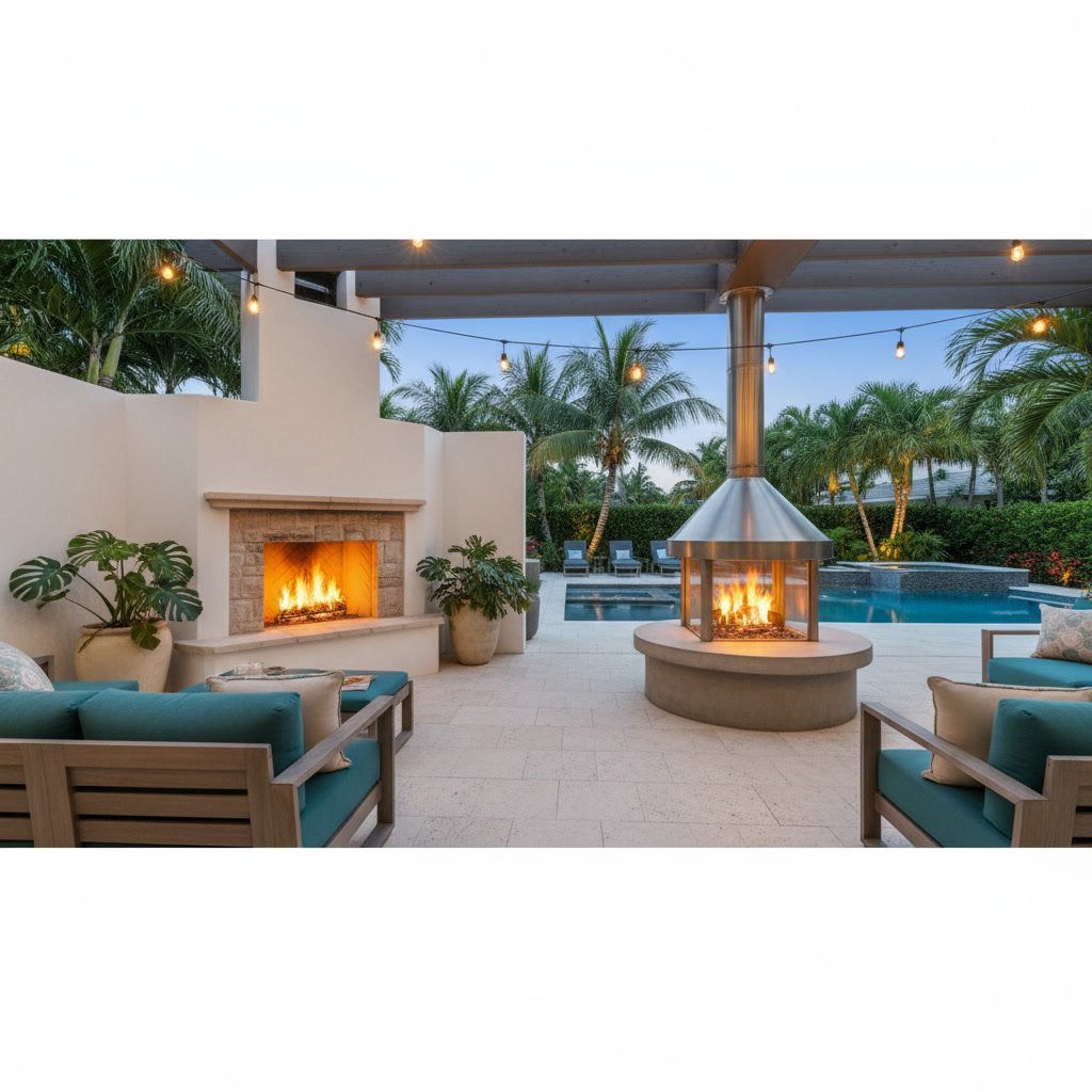 Traditional brick outdoor fireplace with chimney on covered patio in Delray Beach