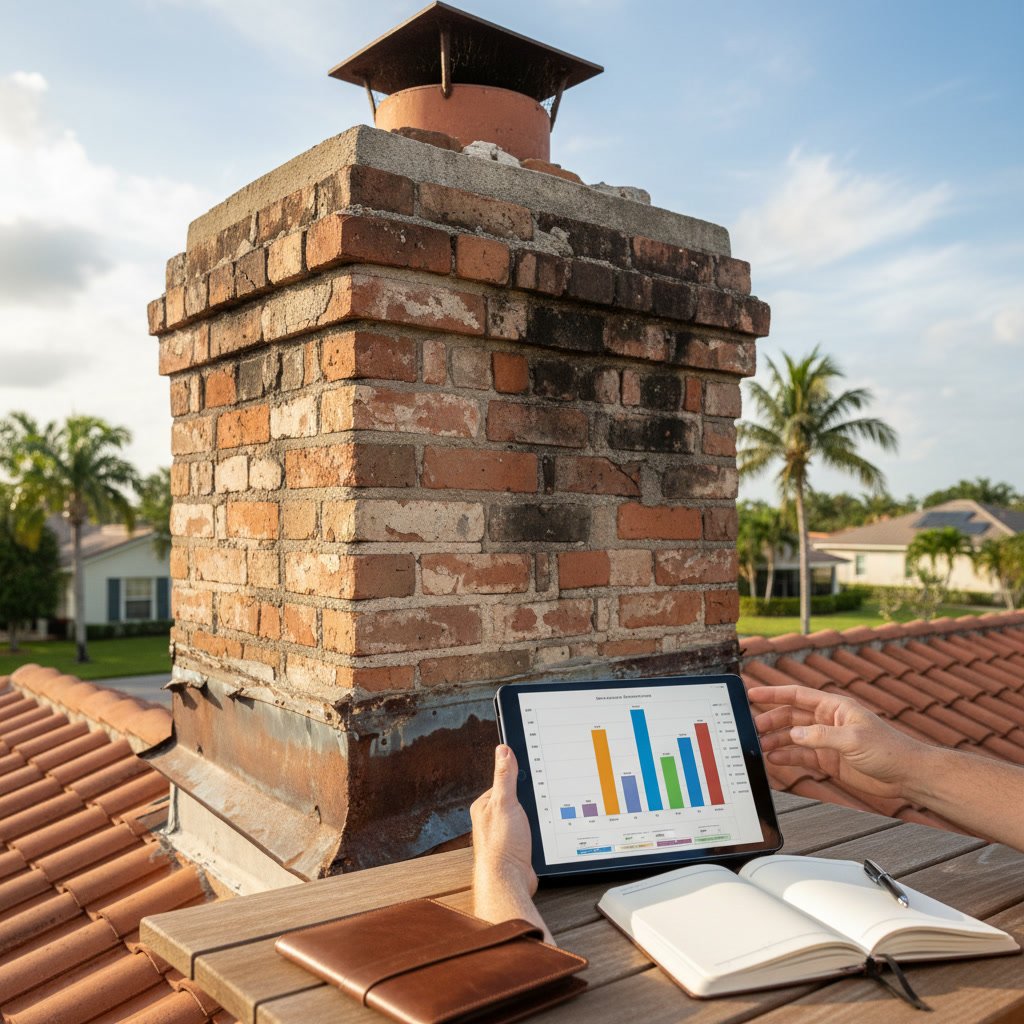 Restored brick chimney with new crown and flashing in Palm Beach County