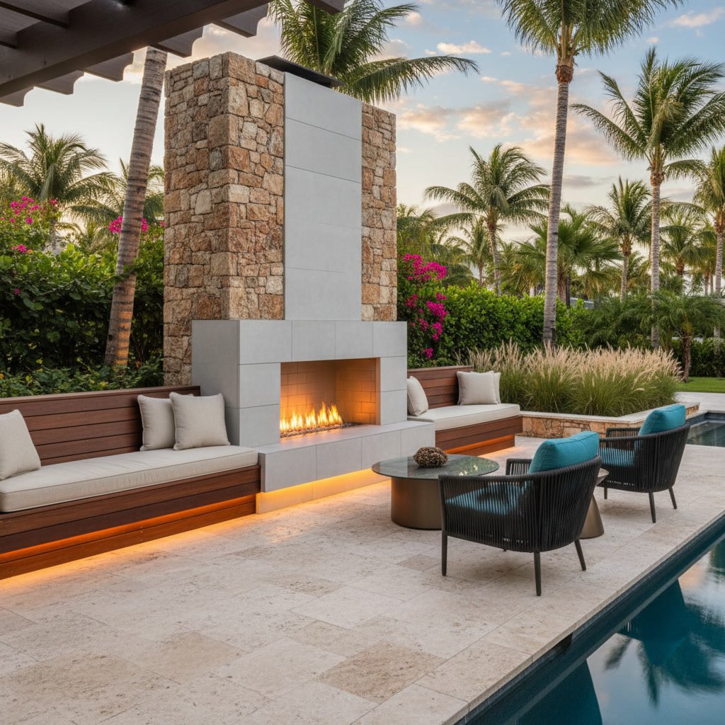 Modern outdoor fireplace with natural stone veneer in South Florida backyard