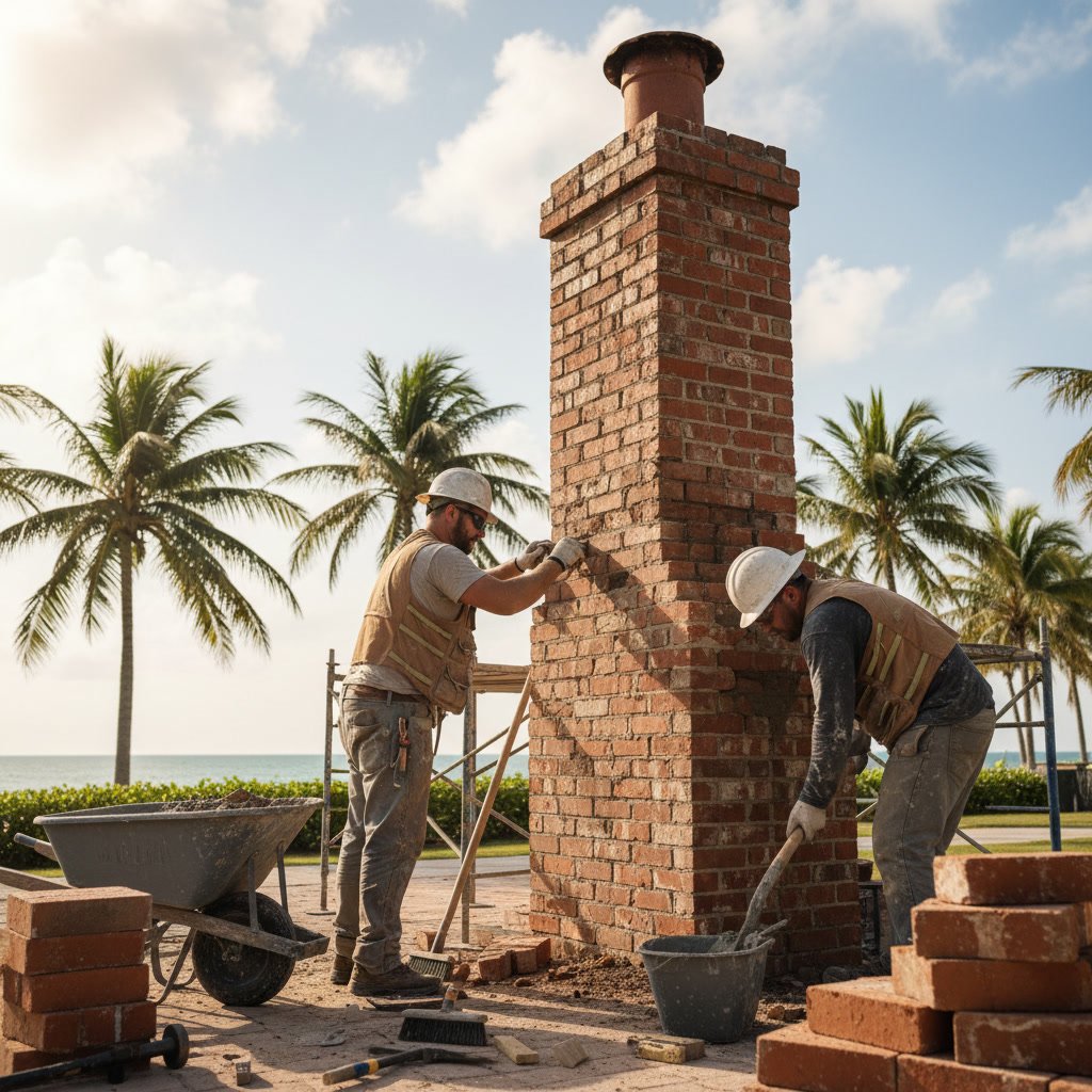 Professional mason inspecting and repairing brick chimney in West Palm Beach Florida