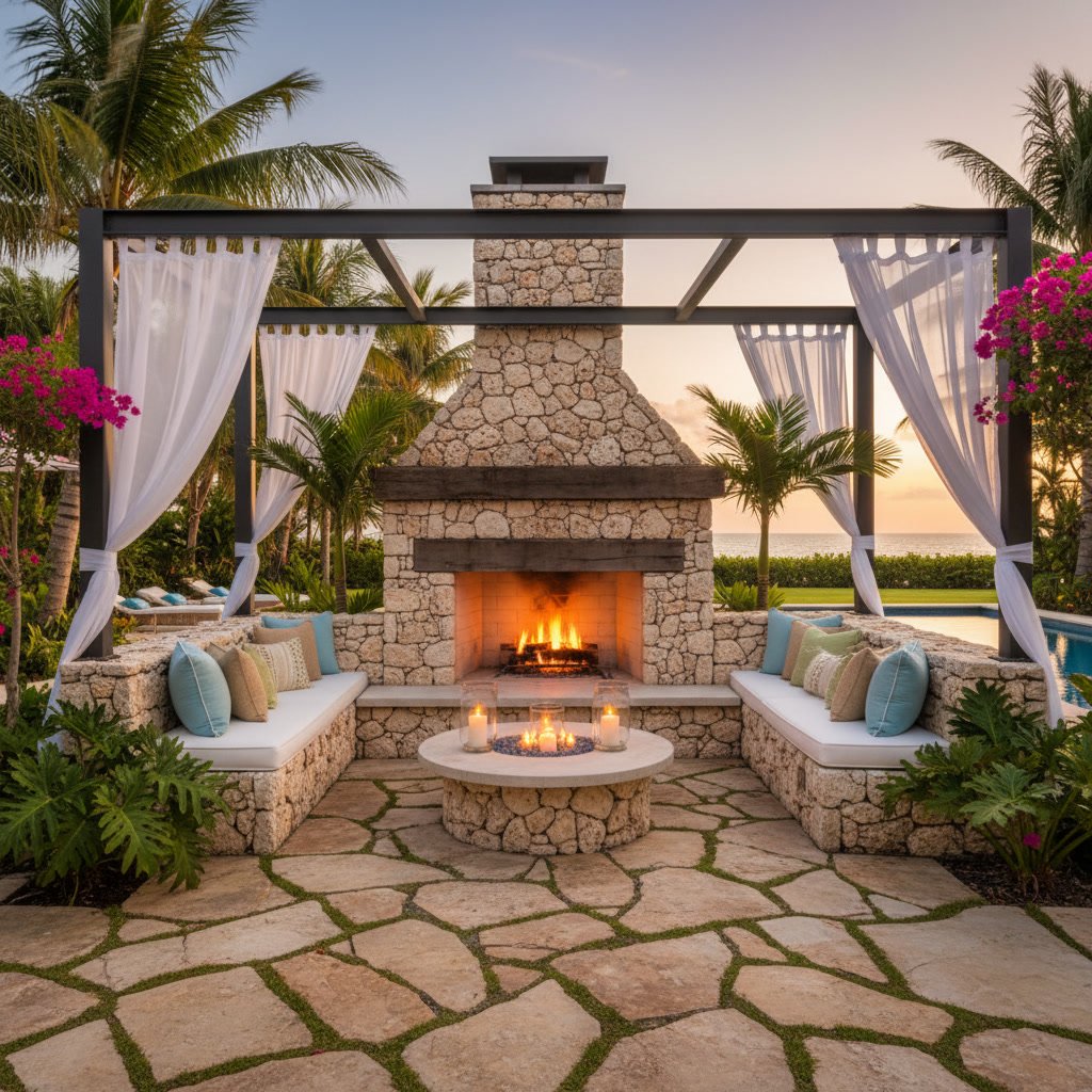 Beautiful outdoor fireplace on a Delray Beach patio with comfortable seating area