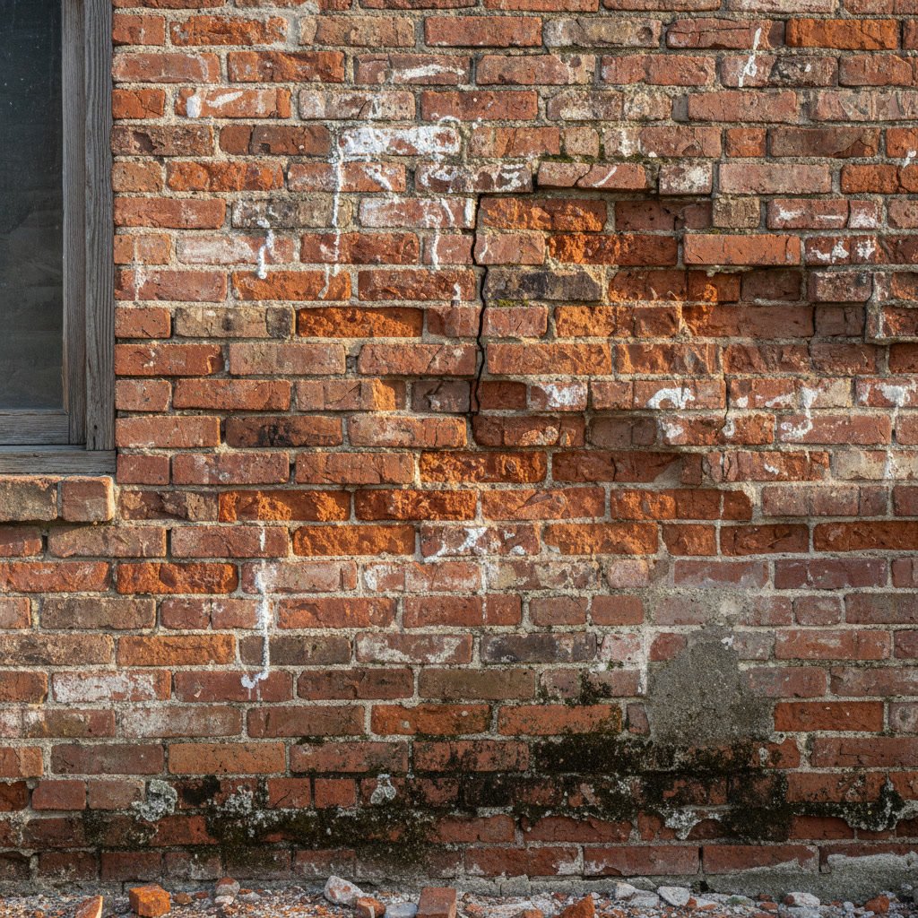Historic brick wall showing mortar deterioration and spalling damage in Lake Worth Florida
