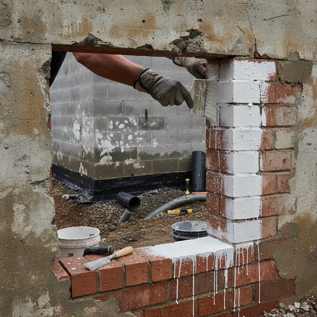 Professional applying masonry waterproofing sealant to exterior brick wall