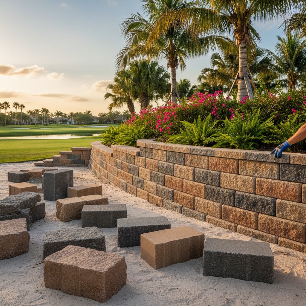 concrete block retaining wall construction in Palm Beach Gardens showing proper installation