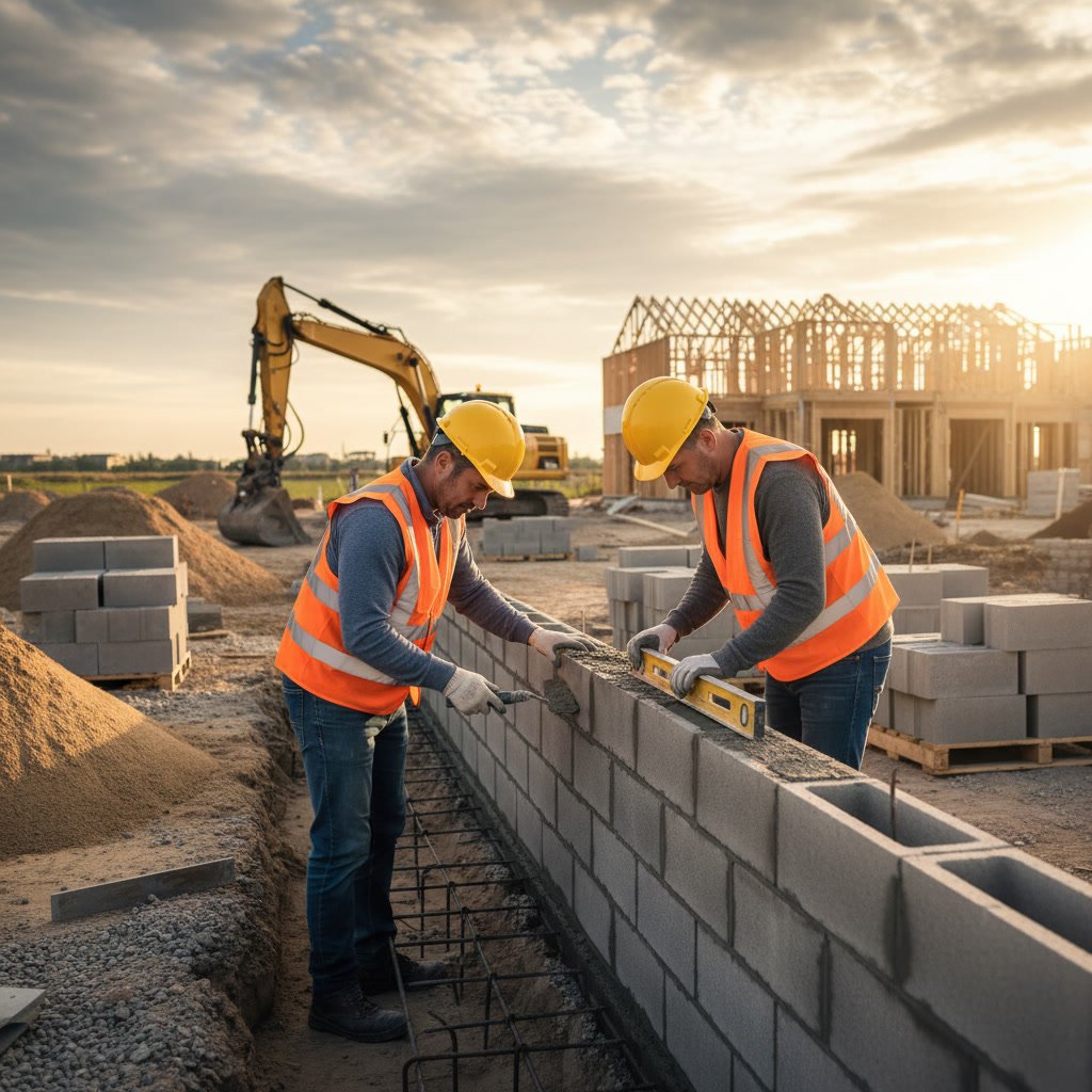 Mason laying brick foundation with mortar and level tool