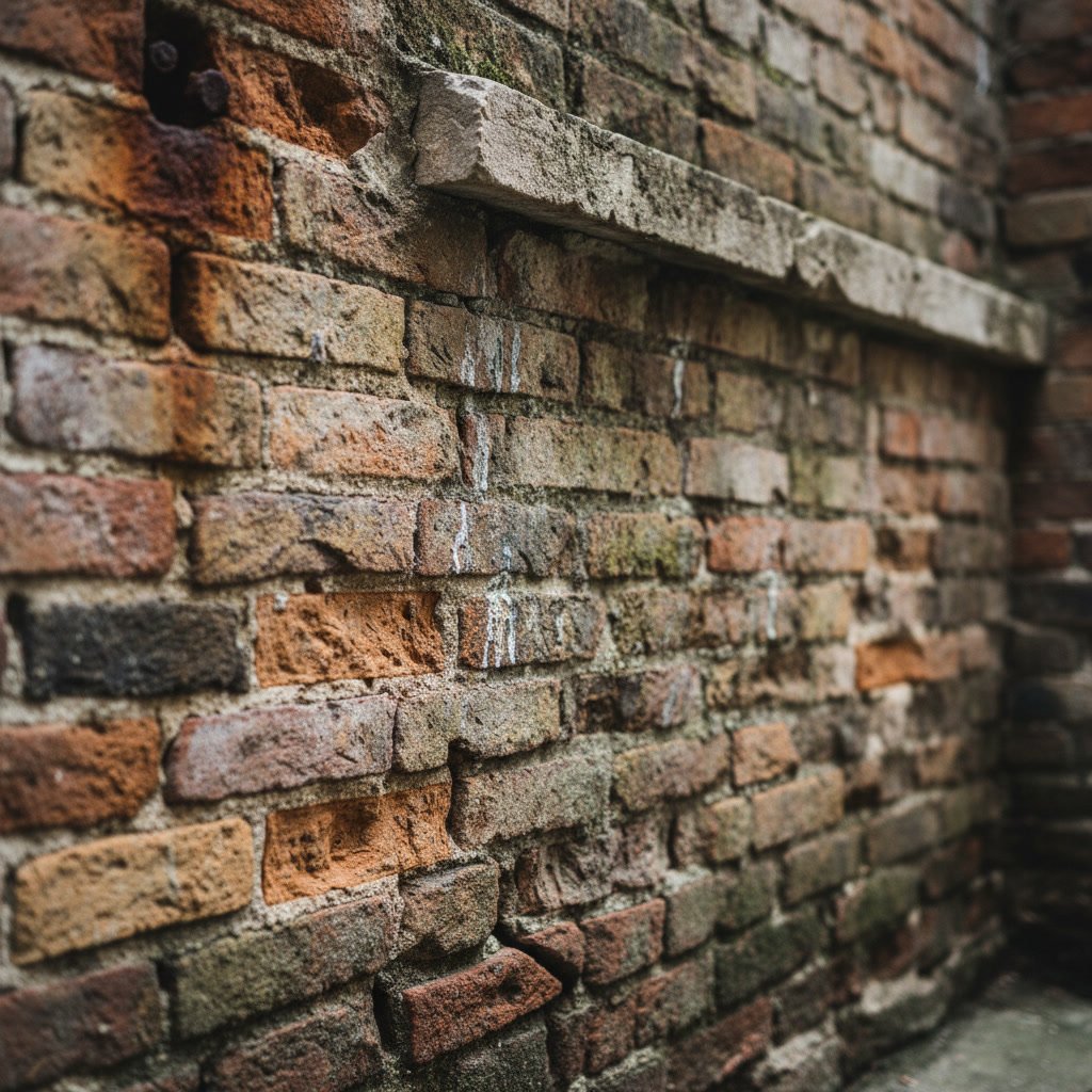 Close up view of cracked and deteriorating mortar joints in brick masonry wall