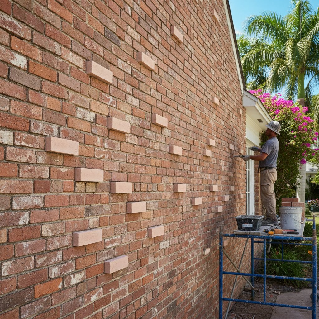Skilled mason performing brick repair Lake Worth on a 1920s historic home exterior