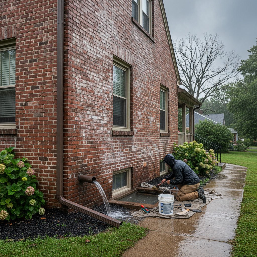 Water damage on brick wall showing efflorescence and deteriorating mortar joints