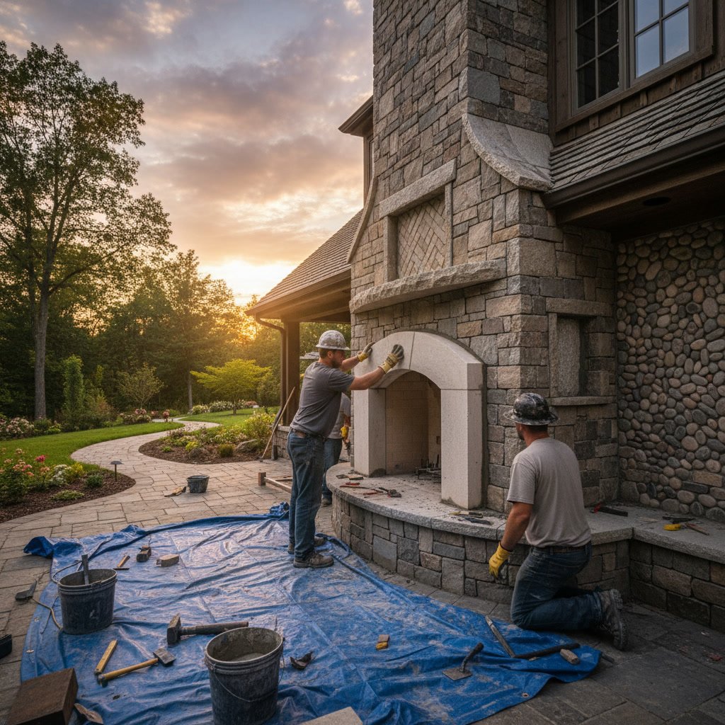 Mason laying brick courses with precision during professional masonry construction