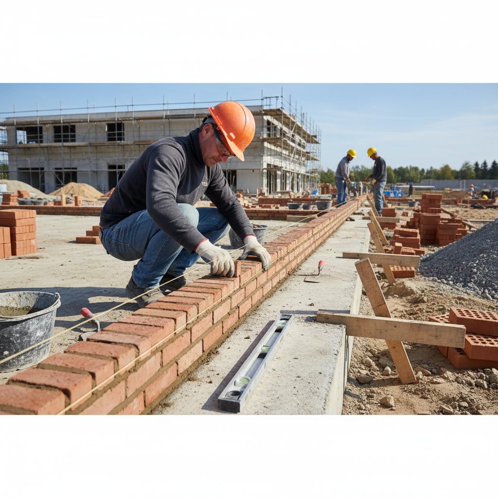 Professional mason checking wall alignment with string line and level