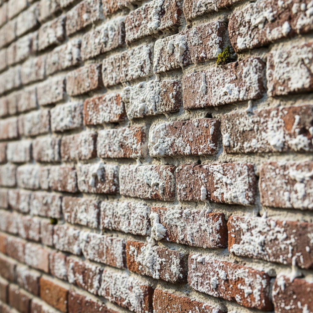 Efflorescence and moisture damage on exterior brick wall showing white staining