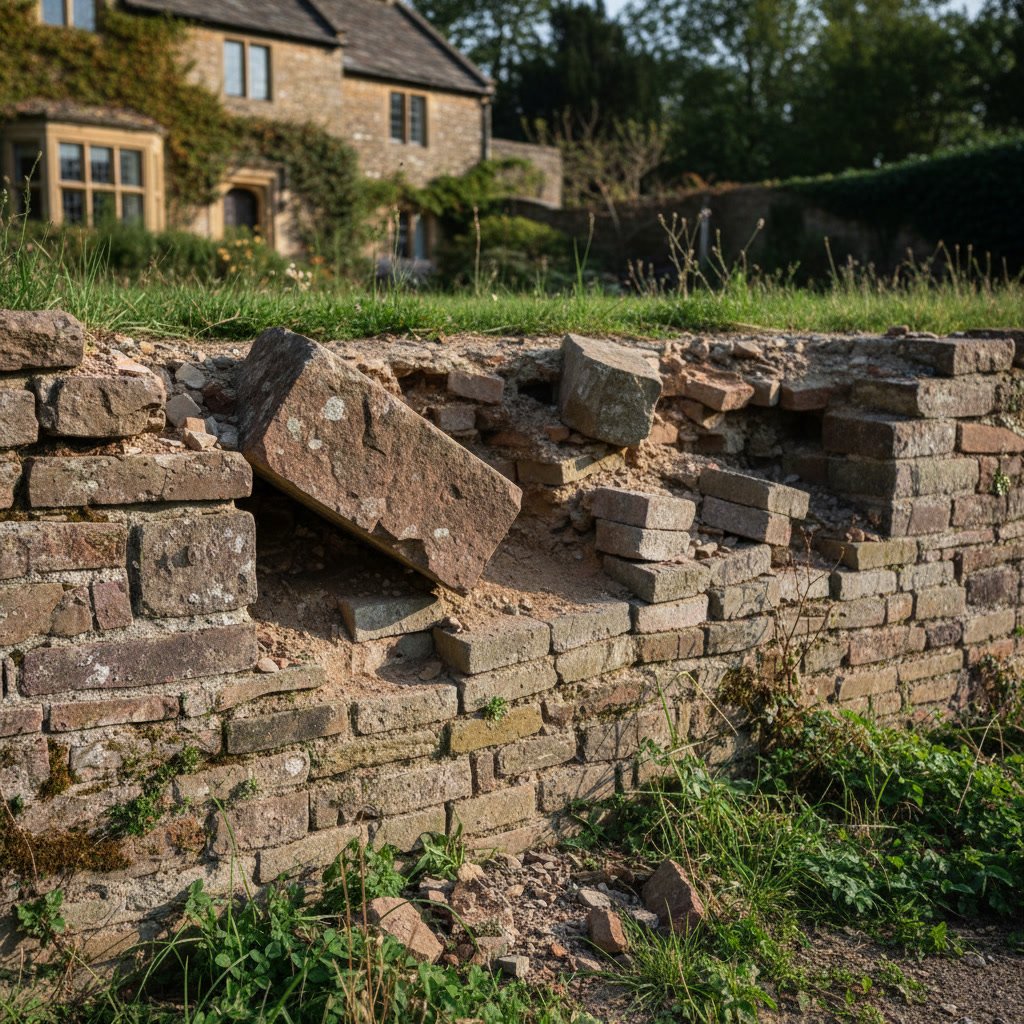 Professional mason inspecting deteriorating brick wall for repair needs