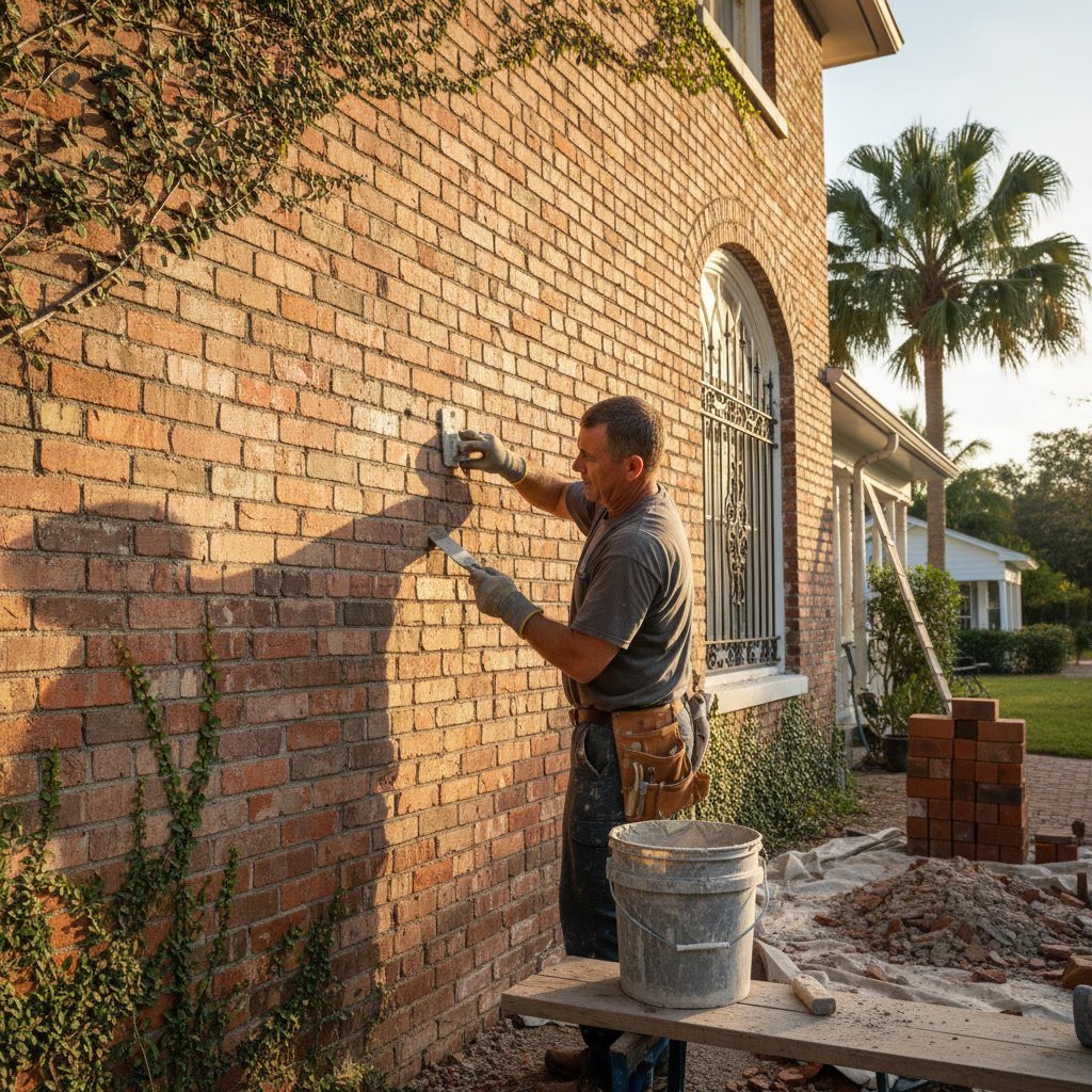 Historic brick home facade in Lake Worth Florida requiring expert masonry repair