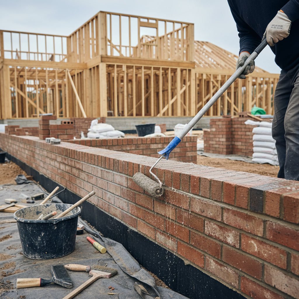 Professional masonry waterproofing application on residential brick exterior