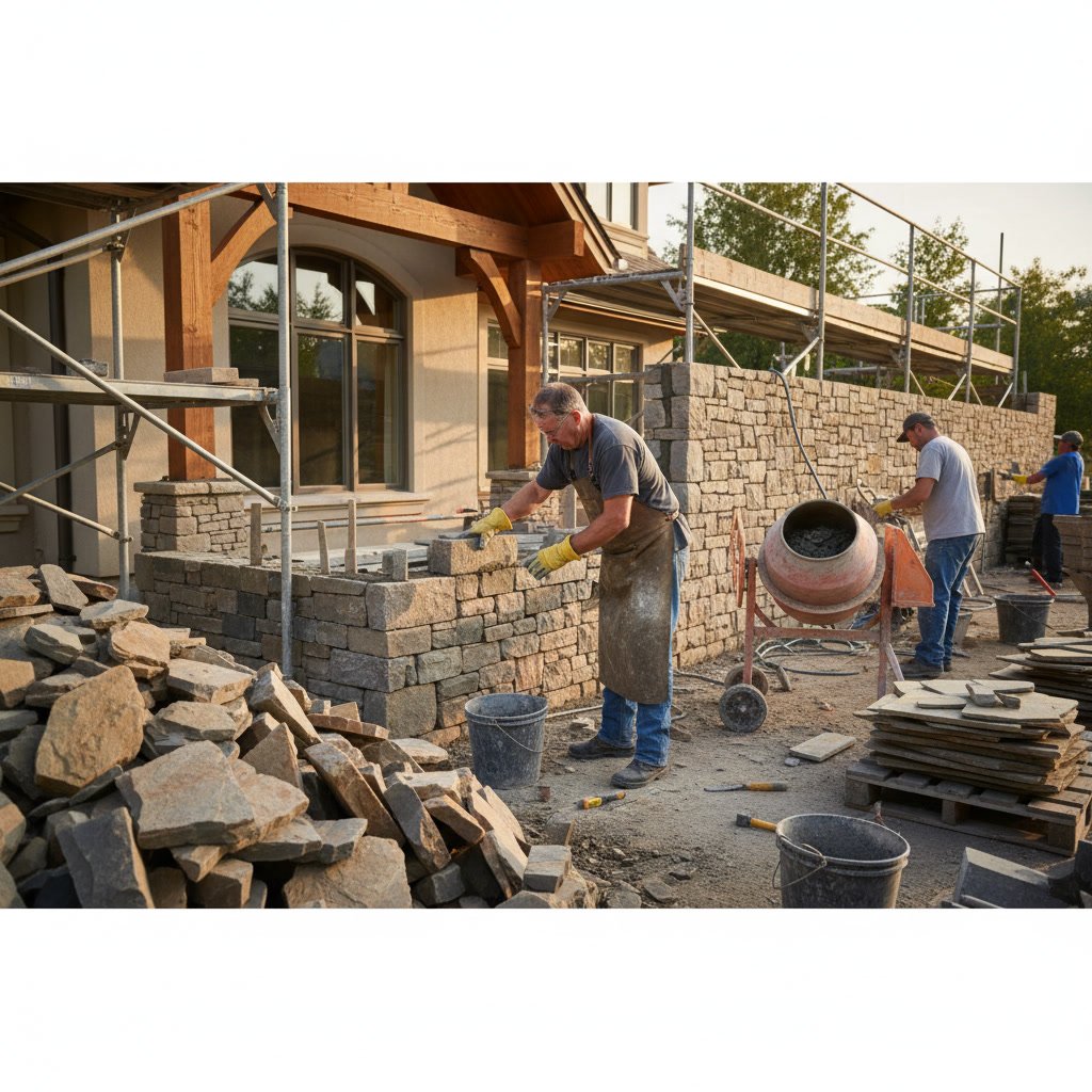Professional mason working on brick wall construction project step by step