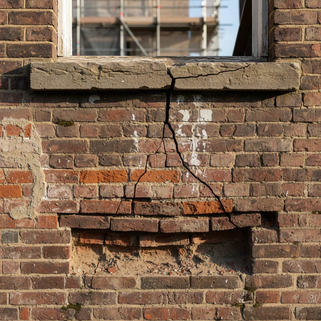 Professional masonry inspection showing brick wall with visible repair needs