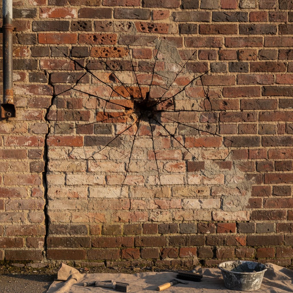 Professional mason inspecting damaged brick wall for repair assessment