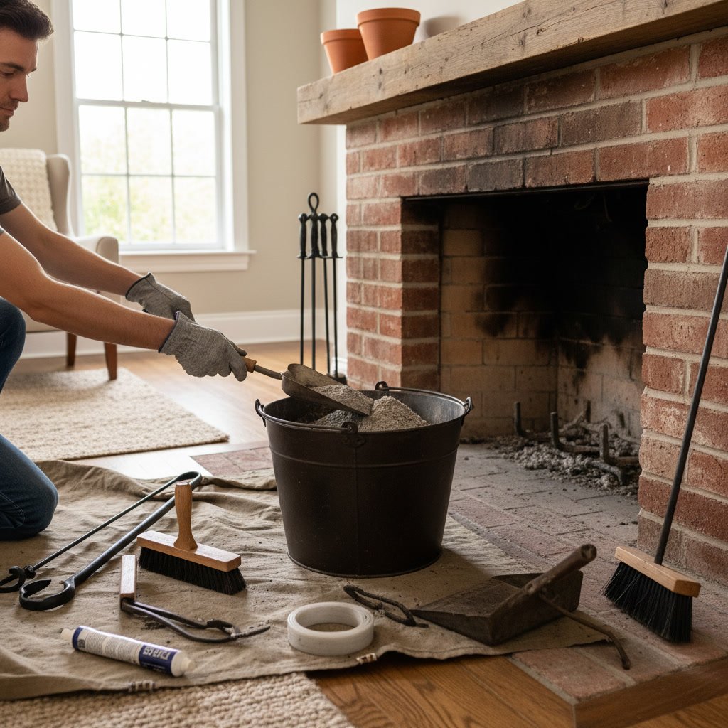 Homeowner cleaning fireplace ash with metal bucket and brush