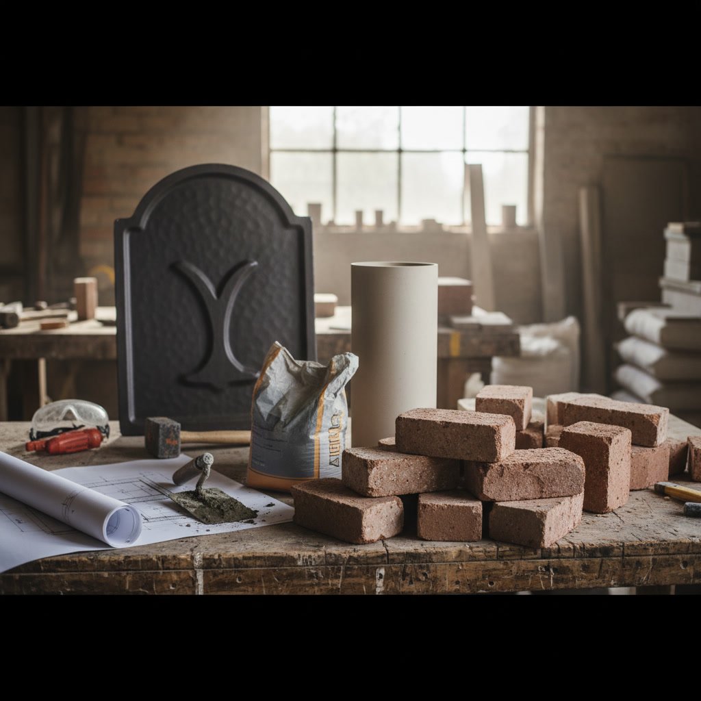 Natural stone and brick materials for fireplace construction