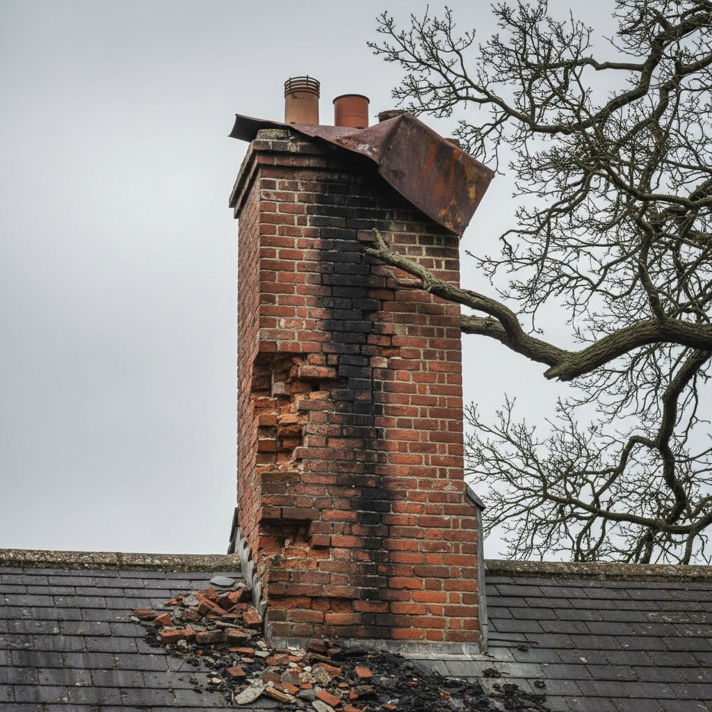 Professional mason inspecting damaged chimney crown and mortar joints