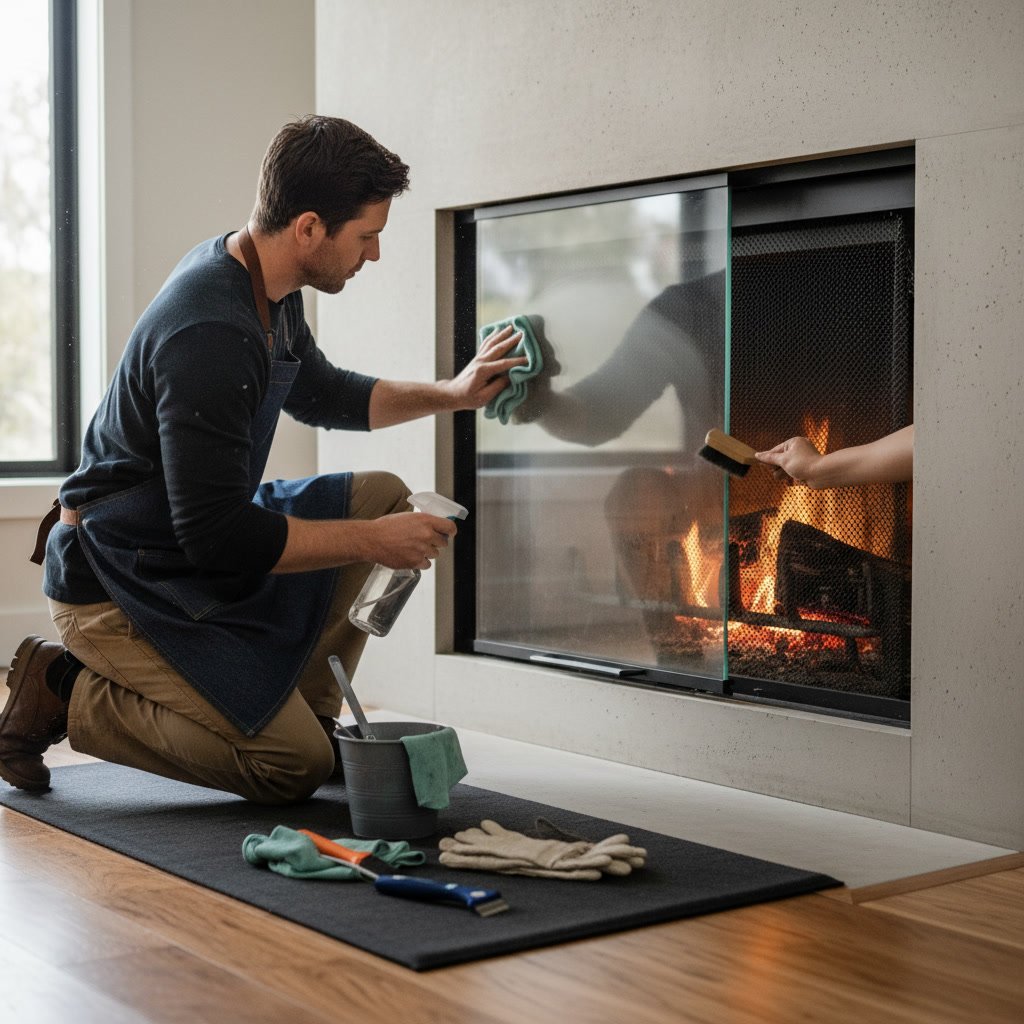 Clean fireplace glass doors and well-maintained firebox