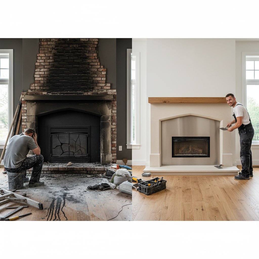 Professional mason applying proper refractory mortar to fireplace firebox
