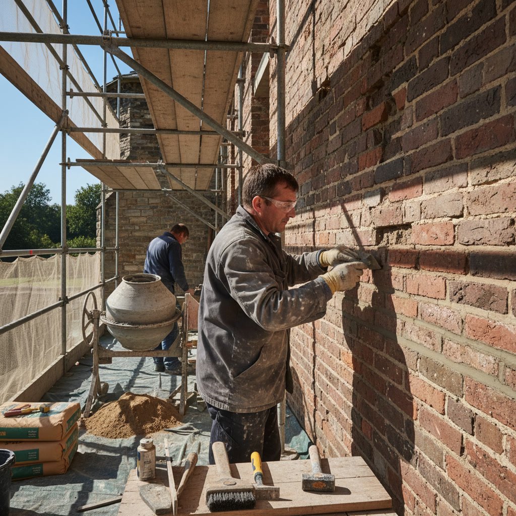 Professional mason performing detailed brick repair work on residential wall