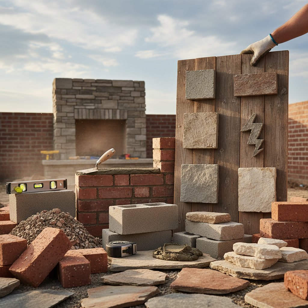 Various masonry materials including brick stone and concrete block