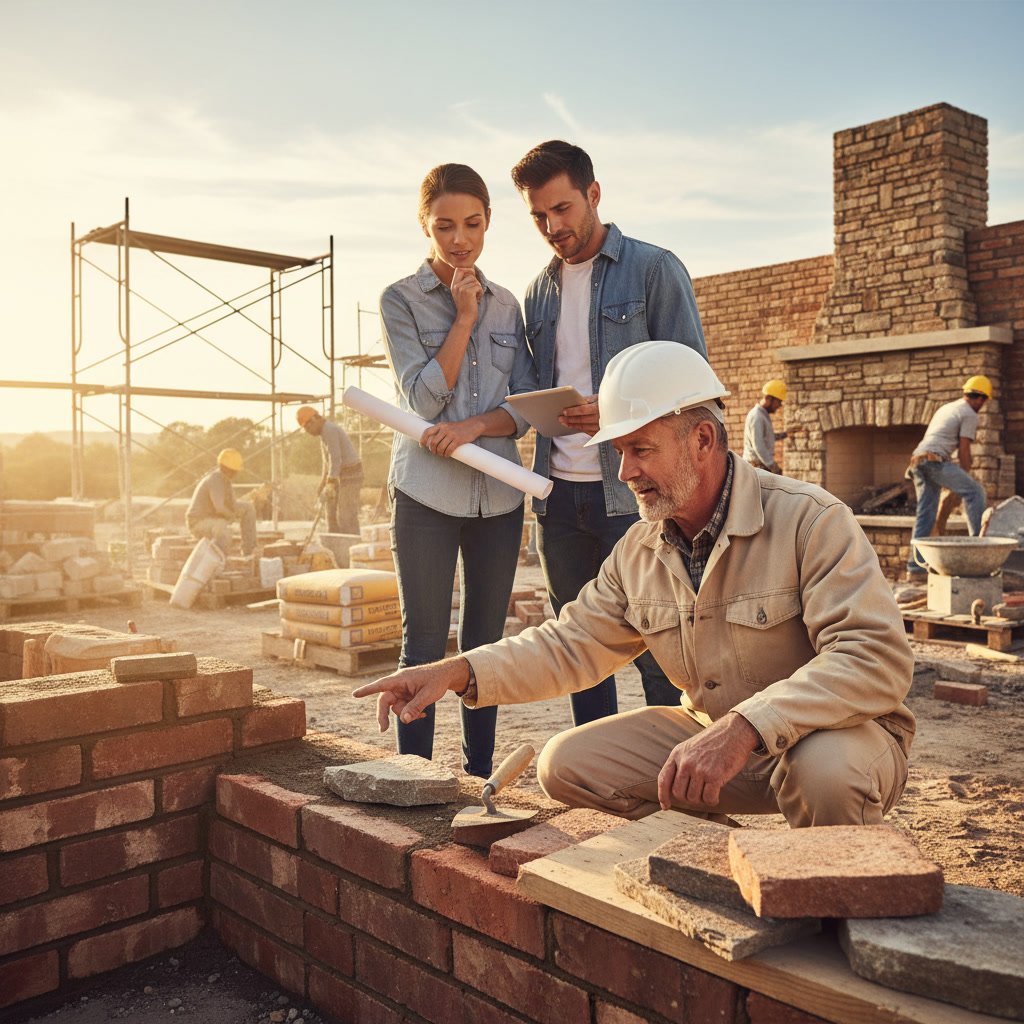 Professional masonry contractor evaluating residential brick and stone project