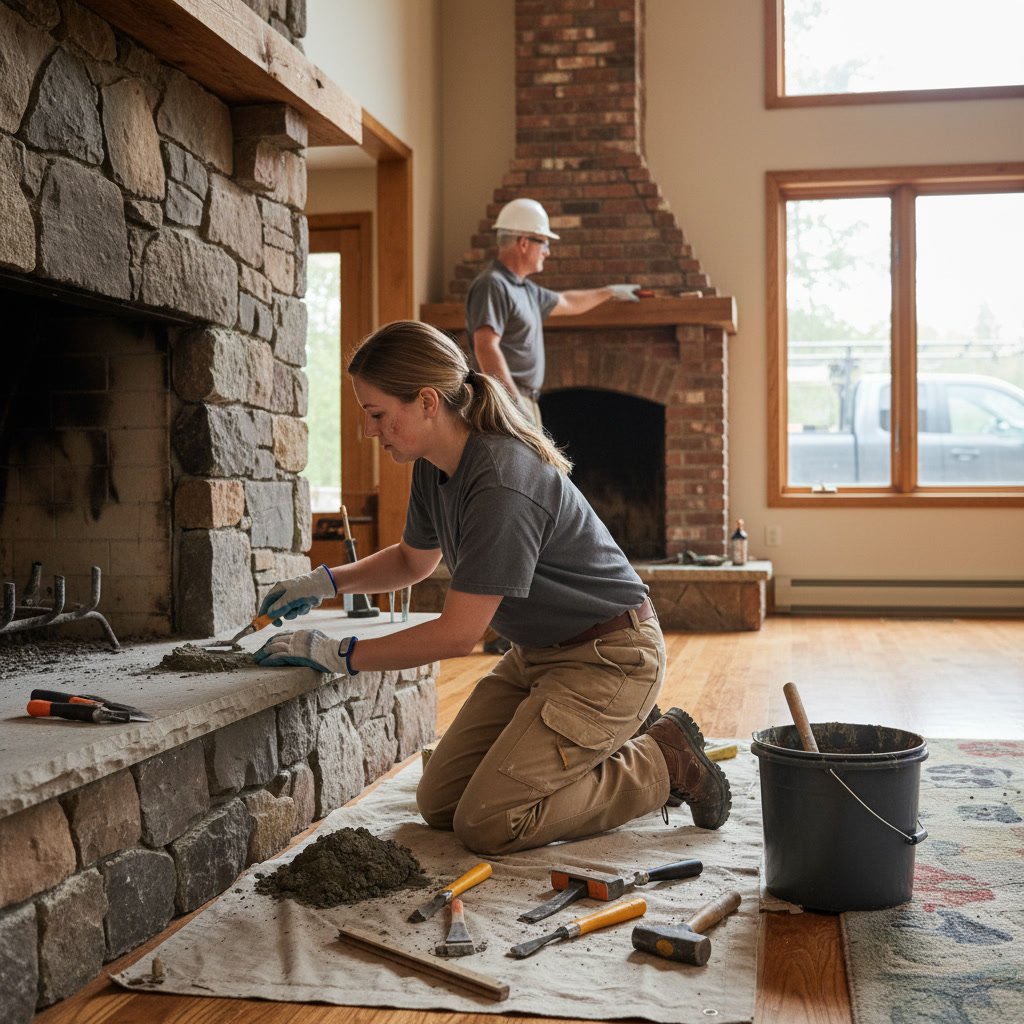 Professional mason repairing fireplace brick and mortar work