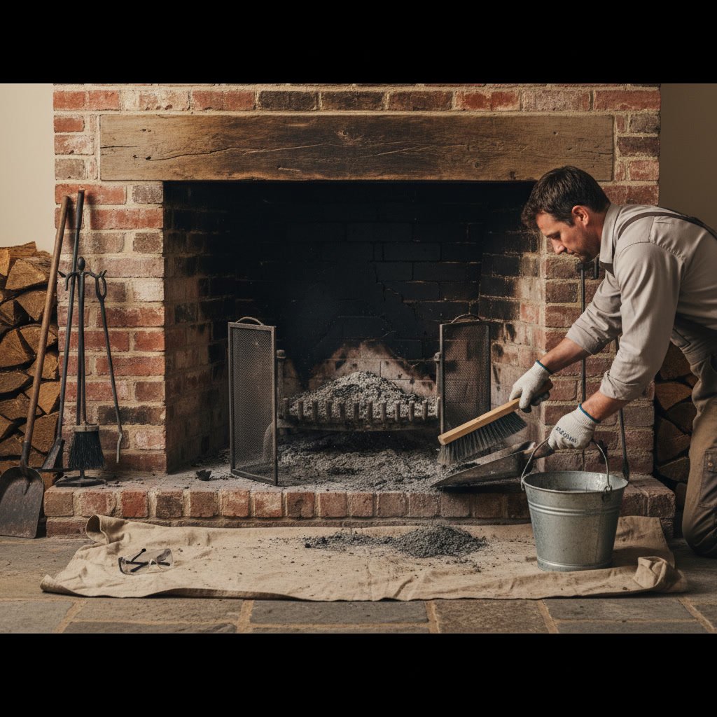 Professional mason inspecting brick fireplace for maintenance