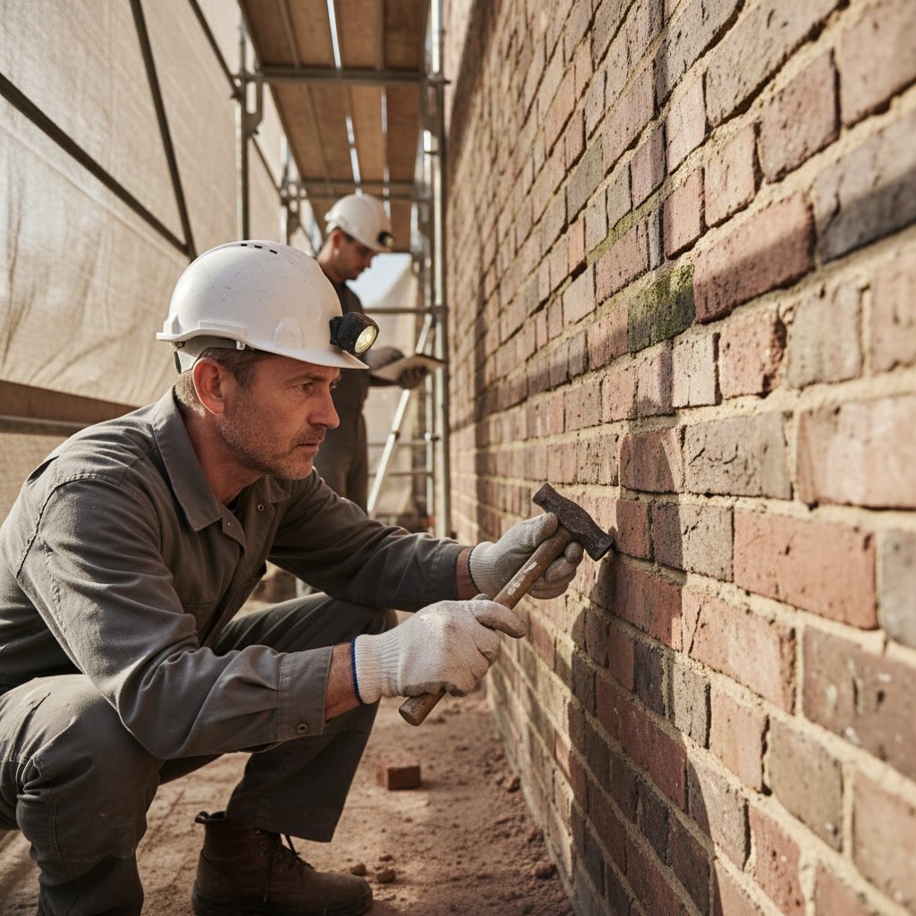 Professional mason inspecting brick mortar joints for erosion and damage