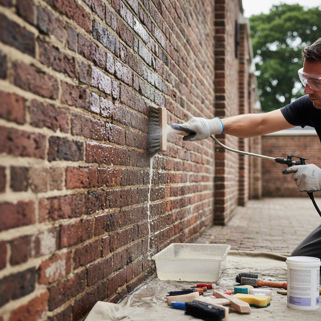 Close-up of cleaned brick surface showing mortar joint preservation