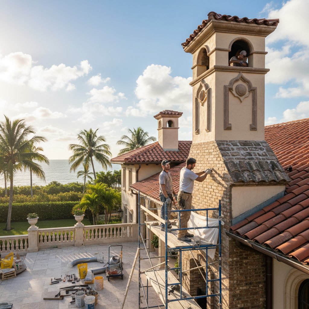 Restored chimney crown with fresh waterproof sealing and repointed mortar joints